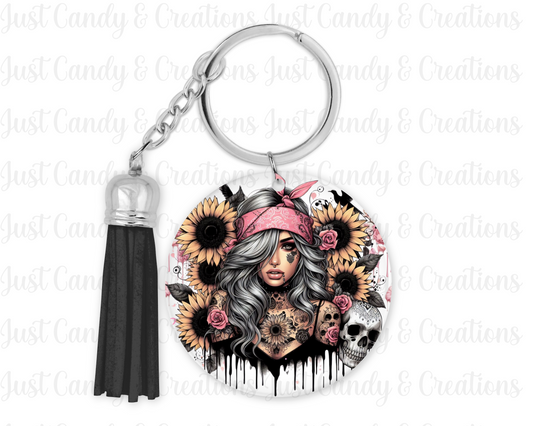 Girl Sunflower Skull Keychain Decal