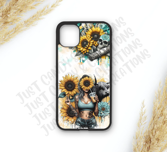 Sunflower Highland Cow Girl Phone Case